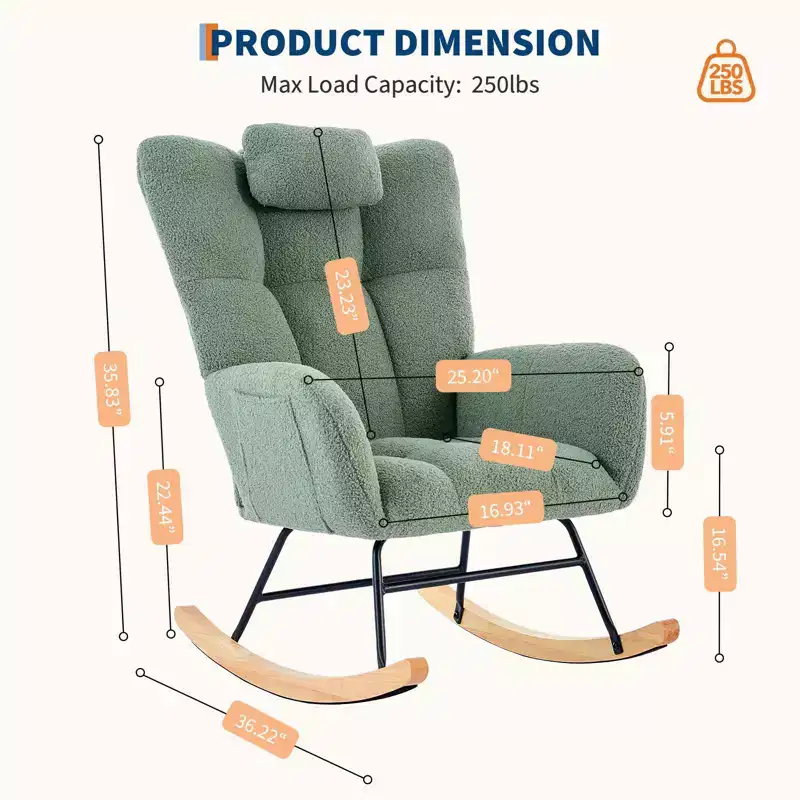 300lb Capacity Nursery Glider Rocker,Teddy Upholstered with Wood Legs for Living Room,Bedroom Nursery Includes Side Pockets