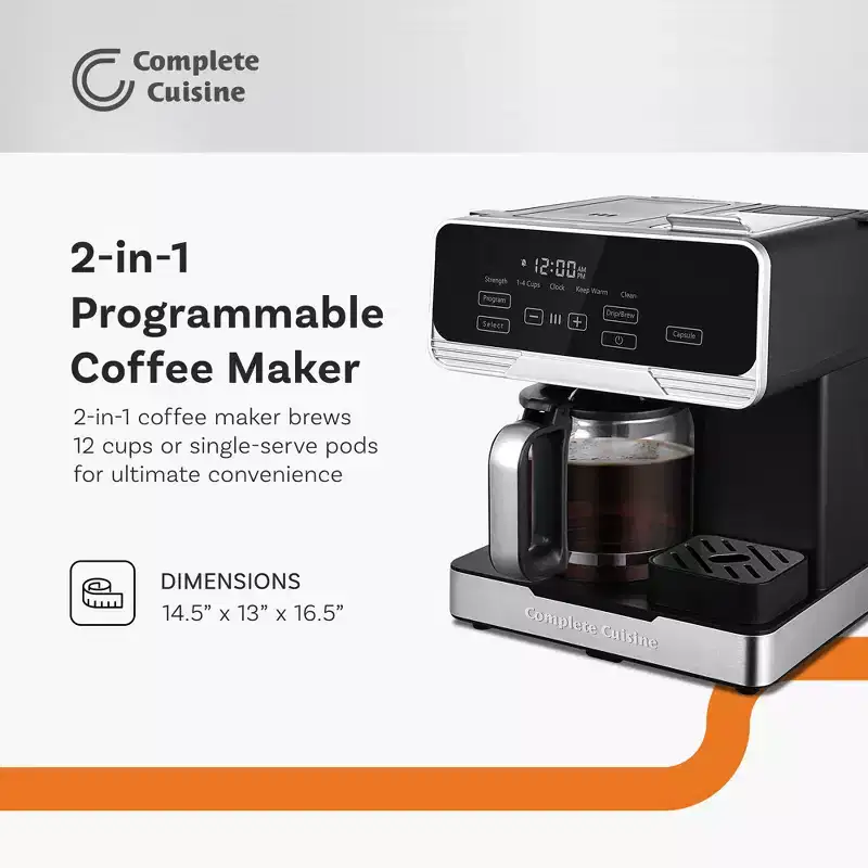 Complete Cuisine 2-in-1 Programmable 12-Cup Coffee Maker, Single-Serve Pod & Ground Brewer with Reusable Filter, Timer, Black/Silver