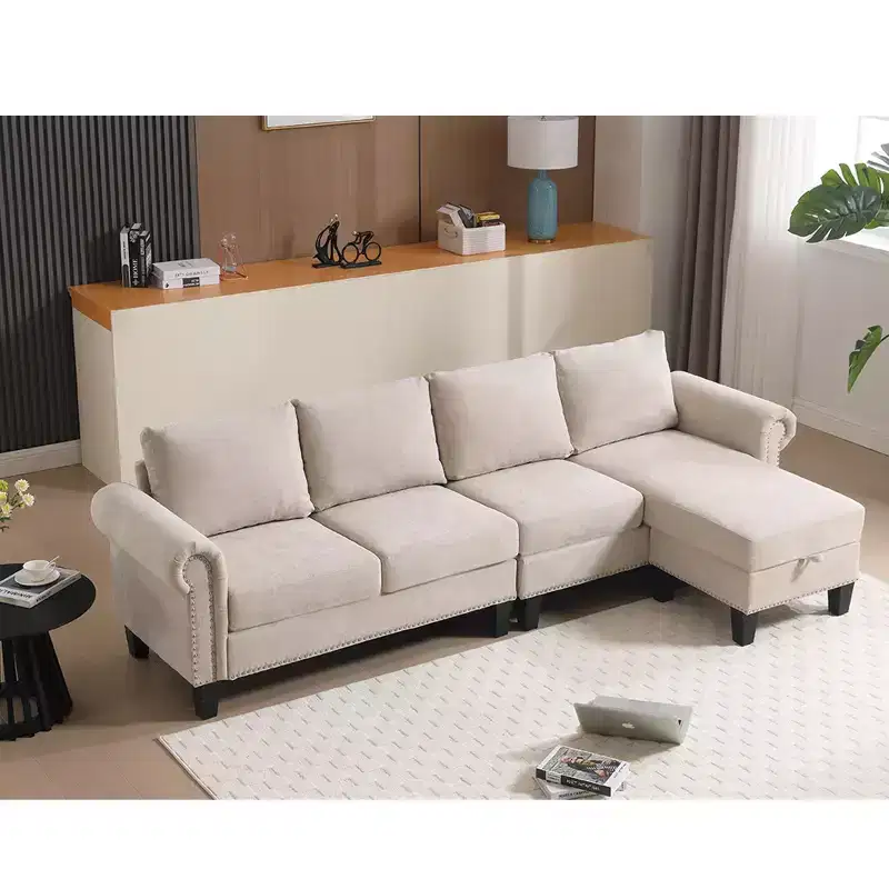 GDFStudio Yorin 106 Modern 4-Seater L-Shaped Velvet Upholstered Convertible Sleeper Sofa with Storage Ottoman