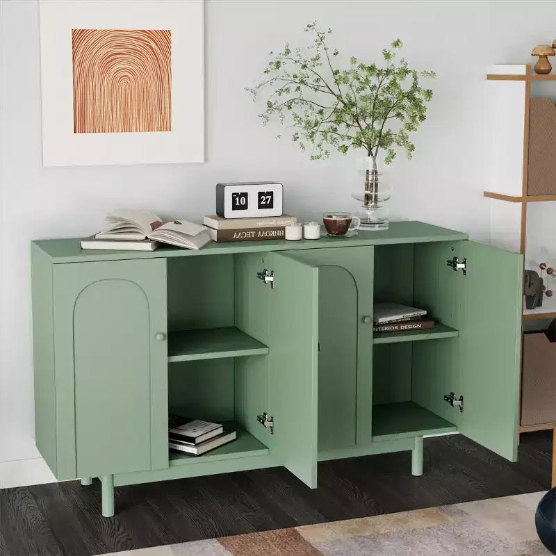 59W 4-Door Sideboard Storage Cabinet Buffet Accent Cabinet Console Table with Intaglio Doors and Adjustable Shelves, White/Mint Green-ModernLuxe