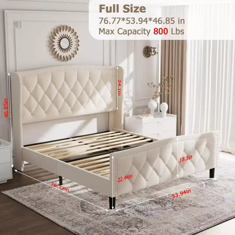 Velvet Upholstered Platform Bed – Full Size with Wingback Headboard