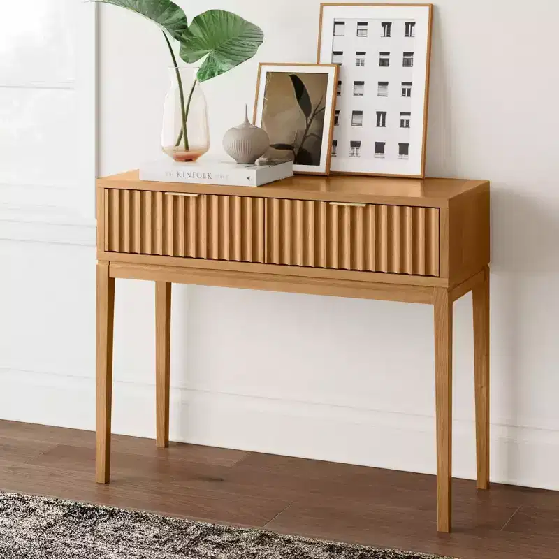 Nathan James Boho Wood Fluted 2 Drawers Console Table: Tapered Legs, Brass Handles, Mid-Century Modern