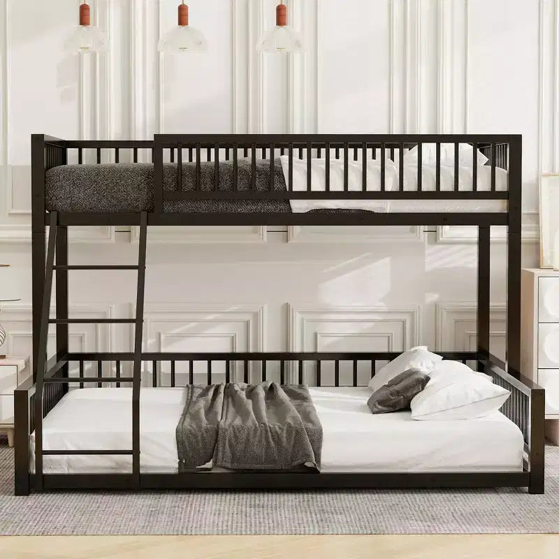Metal Twin XL Over Queen Bunk Bed, Floor Bunk Bed Frame with Ladder and Safety Guardrails, Can be Converted Into Two Bed