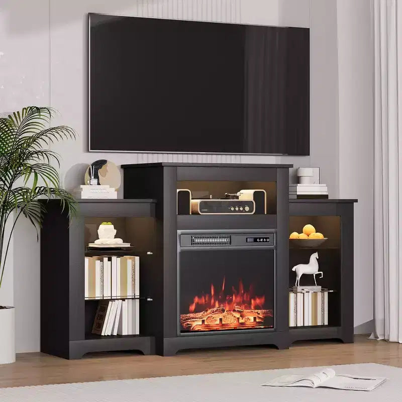 70-Inch TV Stand with Electric Fireplace and LED Lights, Black