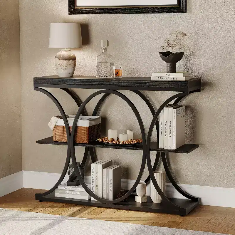 3-Tier Farmhouse Narrow Console Table  Rectangular Entryway Furniture with Storage Shelves, Metal Geometric Legs  Versatile Accent Sofa Table