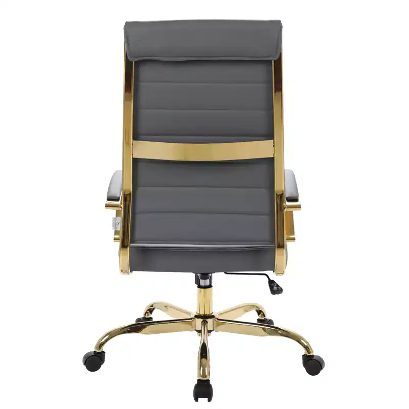 LeisureMod Benmar High-Back Ribbed Leather Office Chair - Modern Swivel & Tilt Executive Desk Chair - Gold Base