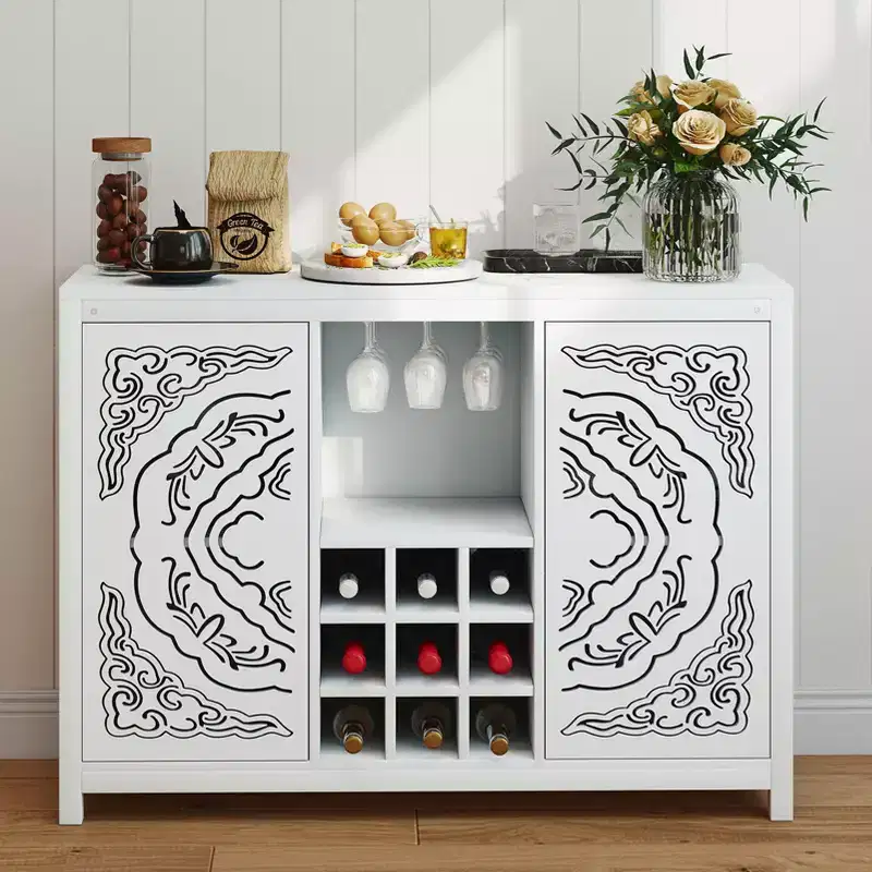 Wine Bar Cabinet with 2 Doors, MDF Buffet Storage Liquor Cabinet with Wine Rack and Glass Holder for Living Dining Room Kitchen, White