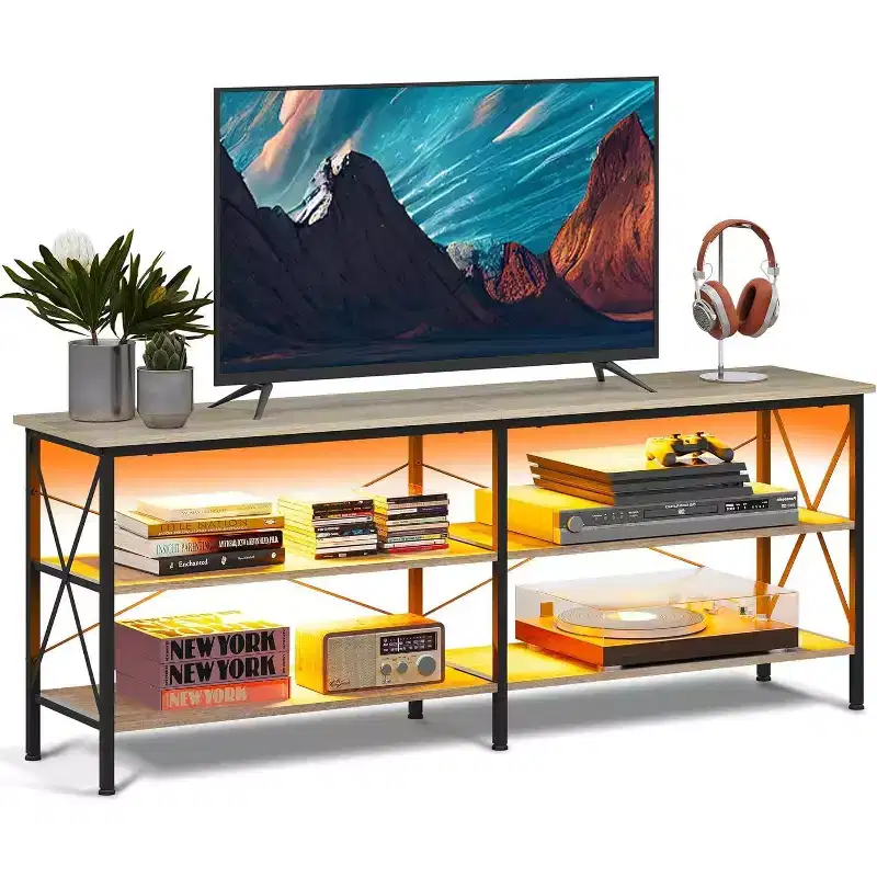 TV Stand for 65-70 Inch TV with LED Lights, Industrial Gaming Entertainment Center, Greige