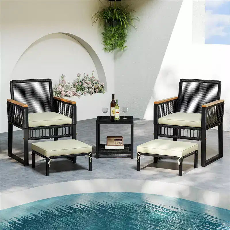 Yaheetech Set of 5 Wicker Rattan Patio Conversation Set with Chairs Table, Ottomans and Cushions for Garden, Balcony