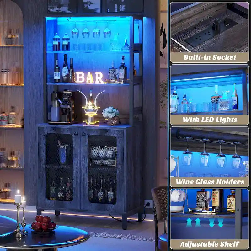 67-Inch Tall Wine Bar Cabinet with LED Lights, Glass Holder and Power Outlets