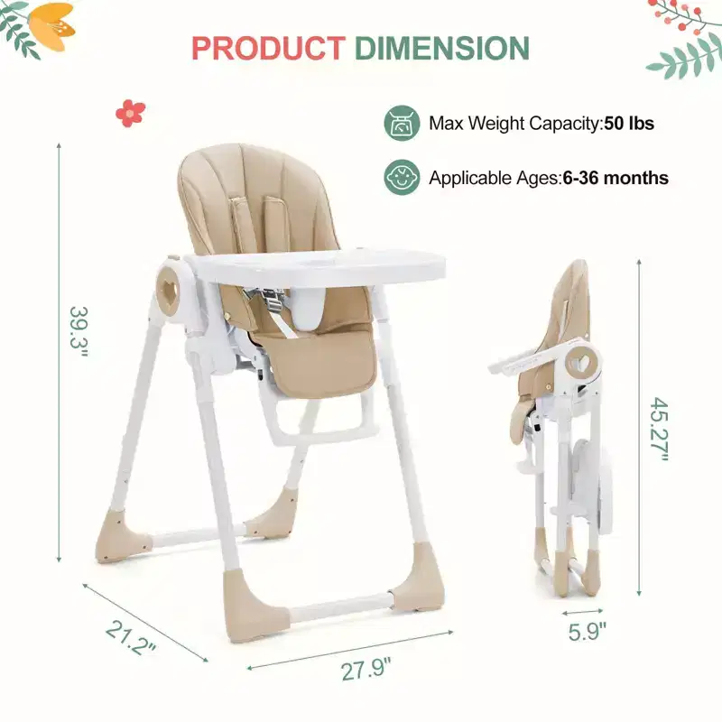 Baby High Chair for Babies and Toddlers with Adjustable Heights & Footrests, Foldable Highchair with 5 Recline Adjustable Backrest