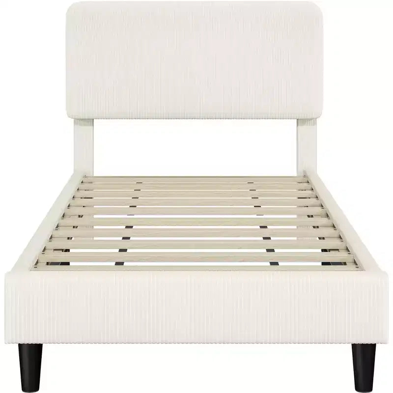 Upholstered Bed Frame with Adjustable Headboard and Mattress Foundation with Wooden Slat Support