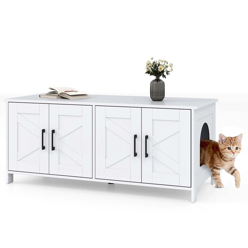 Wooden Cat Litter Box Enclosure Cabinet with Side Entry White Brown