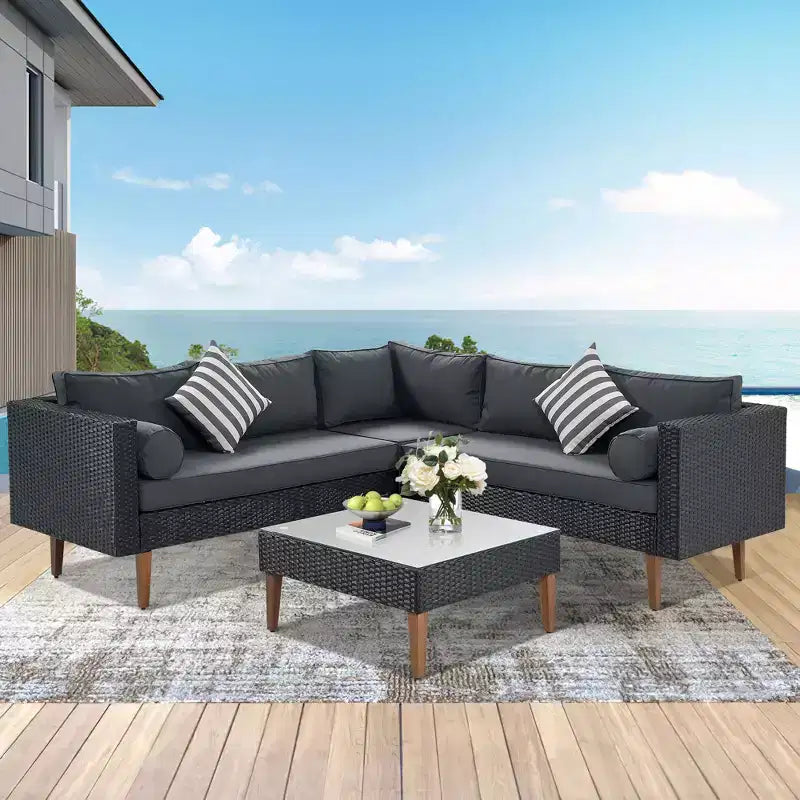 GDFStudio Landon Patio Modern Wicker 4-Piece L-Shaped Sofa Conversation Set with Table and Cushions