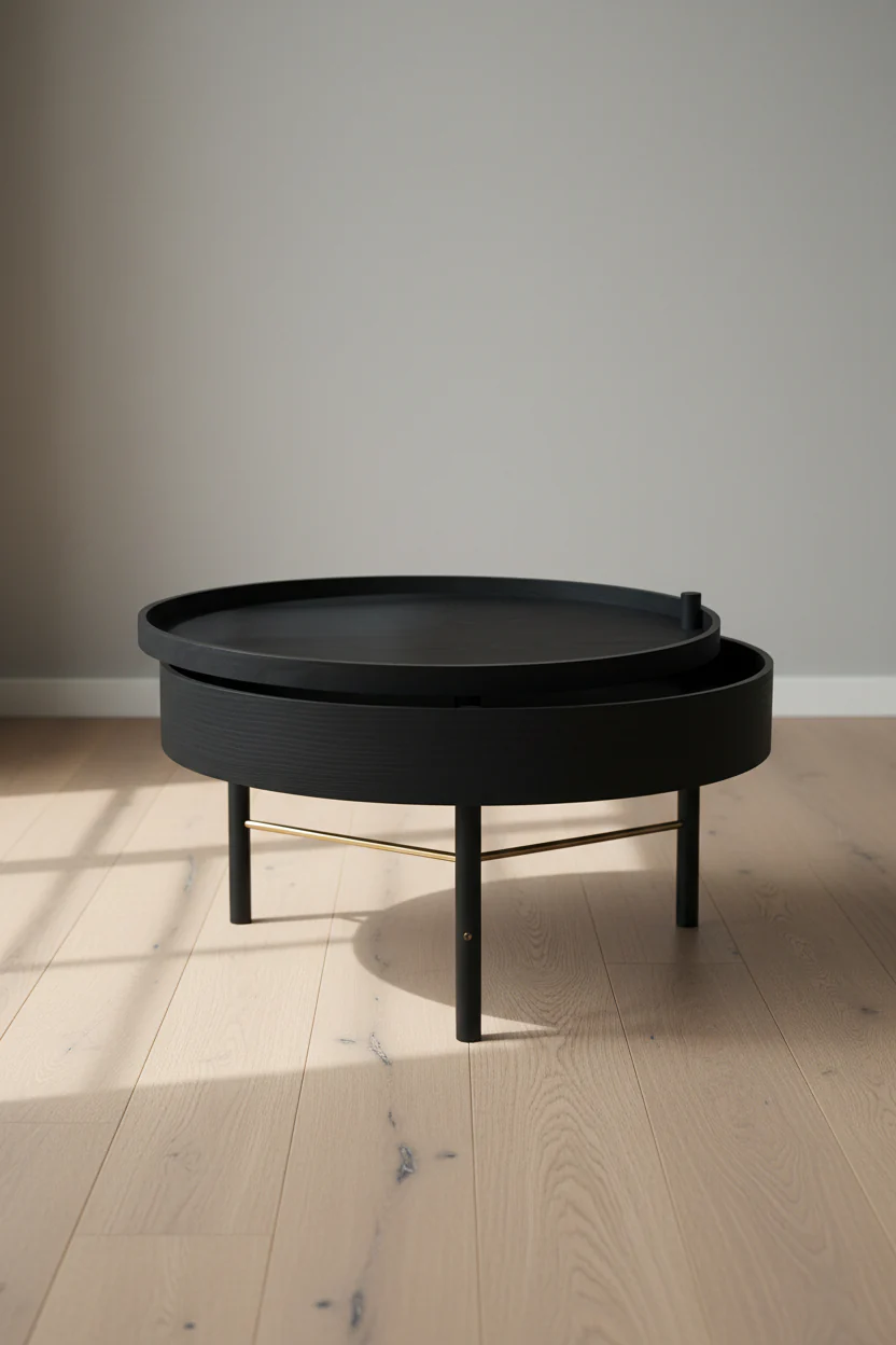 Modern Black Ash Side Table with Rotating Lid Storage Compartment for Living Room