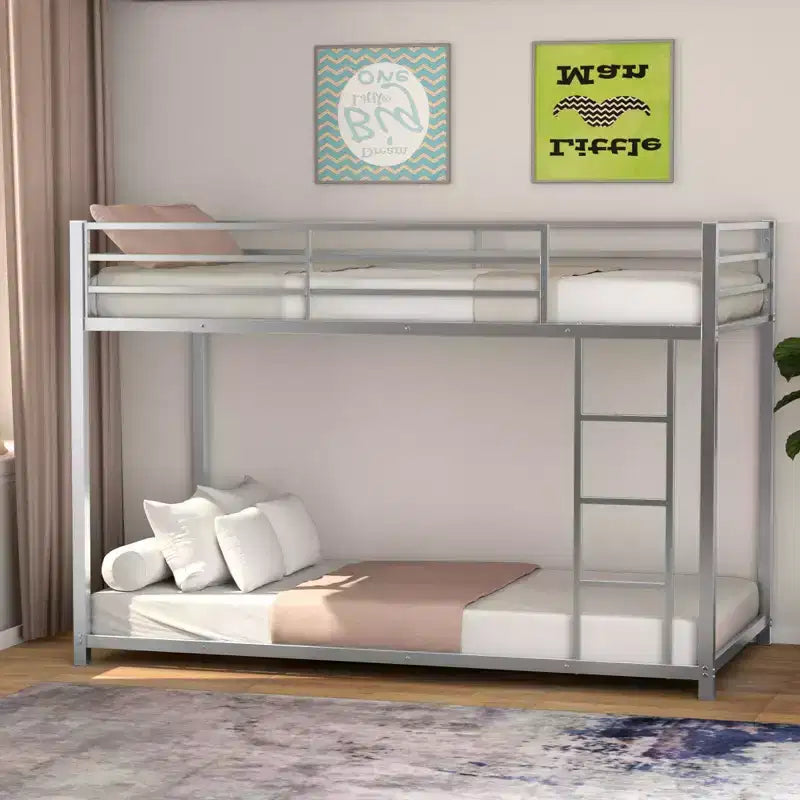 Costway Twin Bunk Bed Twin Over Frame Platform W/ Guard Rails & Side Ladder Silver