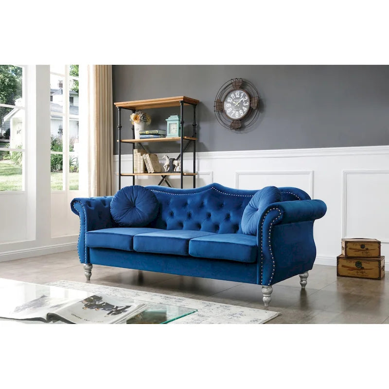 82 in. Velvet Chesterfield 3-Seater Sofa with Tufted Back and Nailhead Trim
