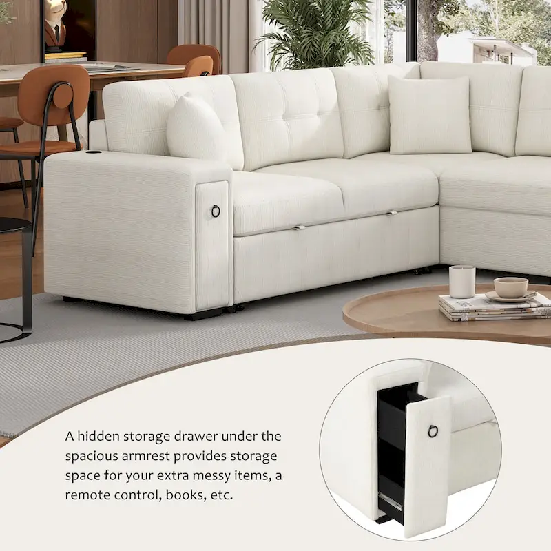 L-Shaped 4-Seat Sectional Sofa with Pull-Out Bed, Ottoman, USB Ports & Drop-Down Table