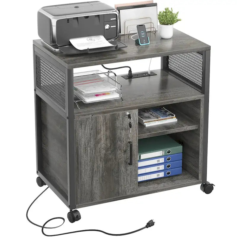 Rolling File Cabinet Lateral Office Filing Cabinets with Charging Station,Modern Printer Stand on Wheels