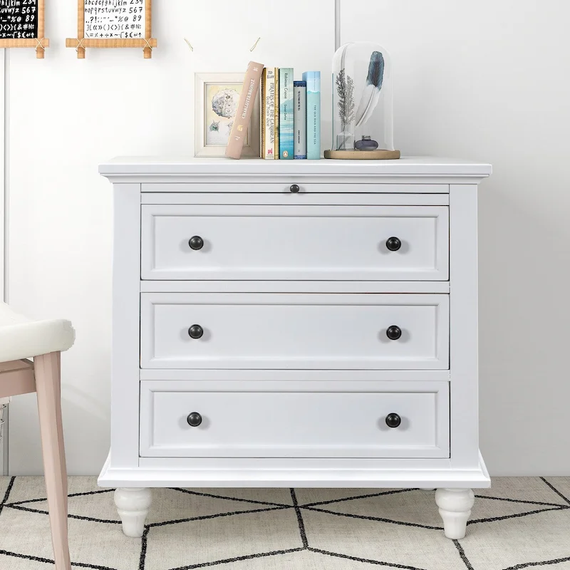 Solid Pine Wood End Table with Pull-out Tray and 3 Drawer, Easy Assembly