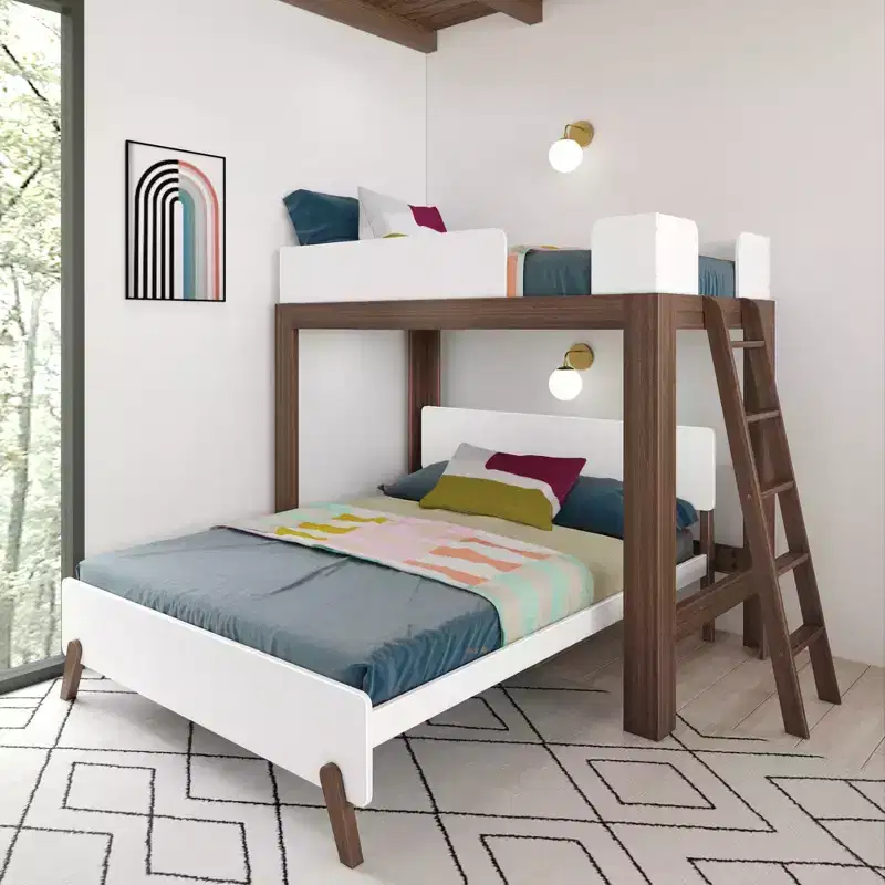 Max & Lily Mid-Century Modern Twin over Queen L-Shaped Bunk Bed, Solid Wood