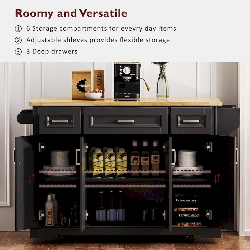 54  Large Kitchen Island with Rubber Wood Drop Leaf, Embossed Texture Rolling Kitchen Cart on 4 Wheels with 4 Doors & 3 Drawers