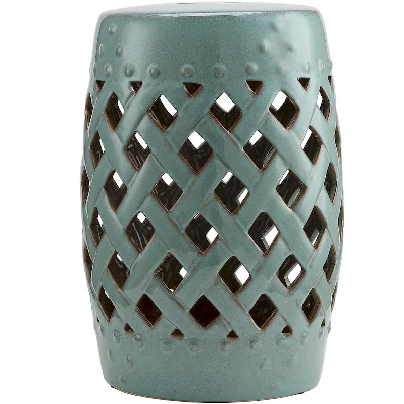 Outsunny 13 Multi-Use Ceramic Garden Stool / Round Side Table / Foot Rest with Lattice Ring Design Antique-Blue Green