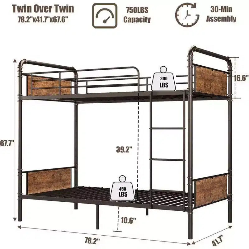Coolmee Twin Over Twin Bunk Bed, Metal Bunk Beds with Safety Guardrails and Built-in Ladder, Convertible into 2 Bed Frame for Kids Teens