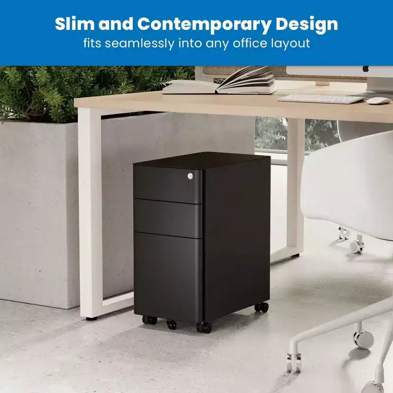 Mount-It! Mobile File Pedestal Cabinet with 3 Drawers & Lock | Slim Design Under Desk Storage & Organizer for Files, Folders & Office Supplies | Black