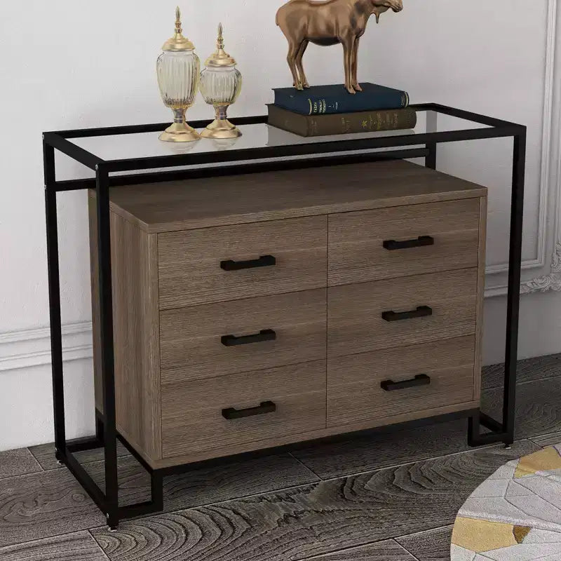 Storage cabinet, six drawers, tempered glass and wooden base, durable steel frame and spacious drawers, suitable for living room, entryway, bedroom.
