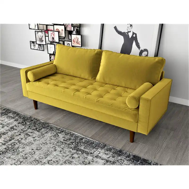 Mid-Century Modern Faux Leather Sofa with Track Arms