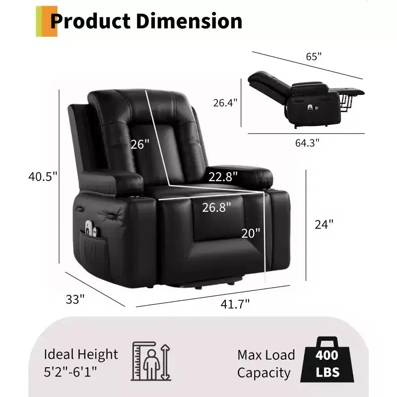 Oversized Power Lift Recliner Chair, Faux PU Leather Electric Lift Recliner with Heat and Massage, Single Sofa Seat with Cup Holder for Bedroom