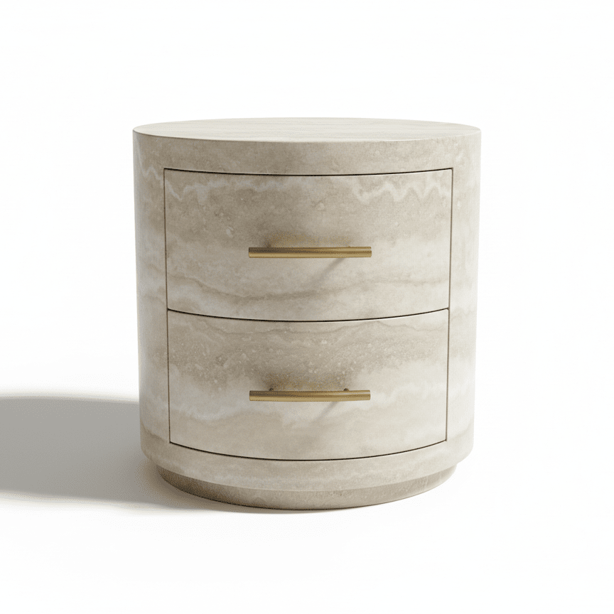 Round Neutral Marble Effect 2 Drawer Bedside Table