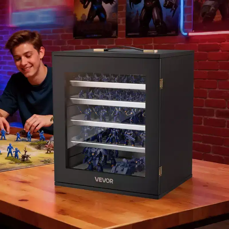 Miniatures Storage Case, Fits for 1:2500-1:3500 Scale Models, Wooden Miniatures Display Holder with 5 Tray & 13 Slots,(Minis Not Included),Black