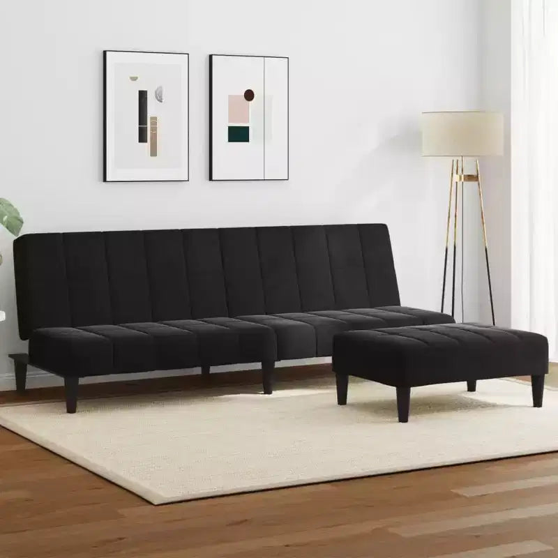 vidaXL 2-Seater Sofa Bed with Footstool - Black Velvet Upholstered Convertible Couch for Living Room, Bedroom, Studio, 78.7 x 33.3 x 27.2