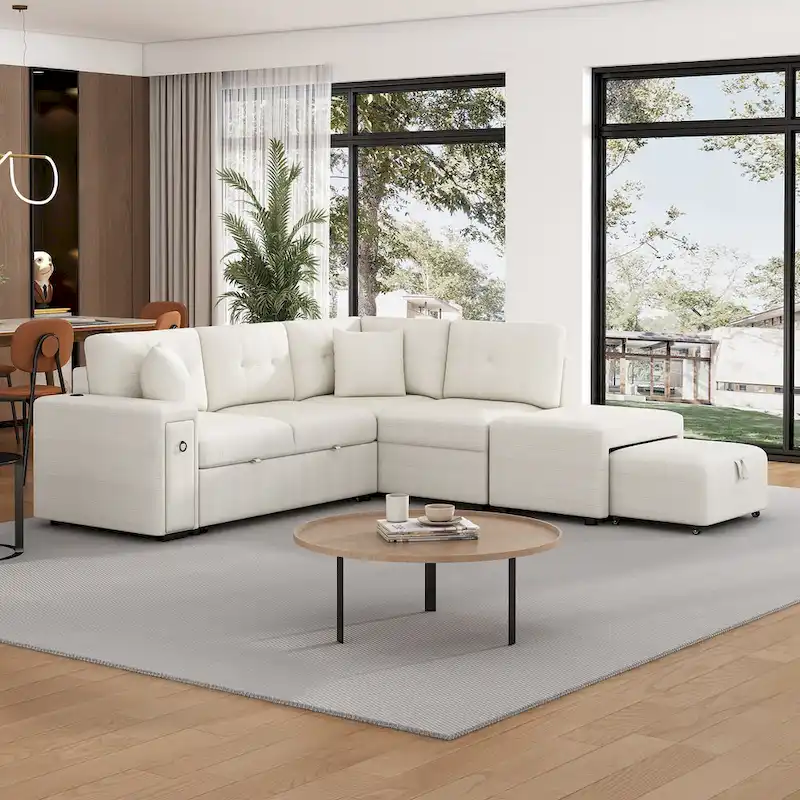 L-Shaped 4-Seat Sectional Sofa with Pull-Out Bed, Ottoman, USB Ports & Drop-Down Table