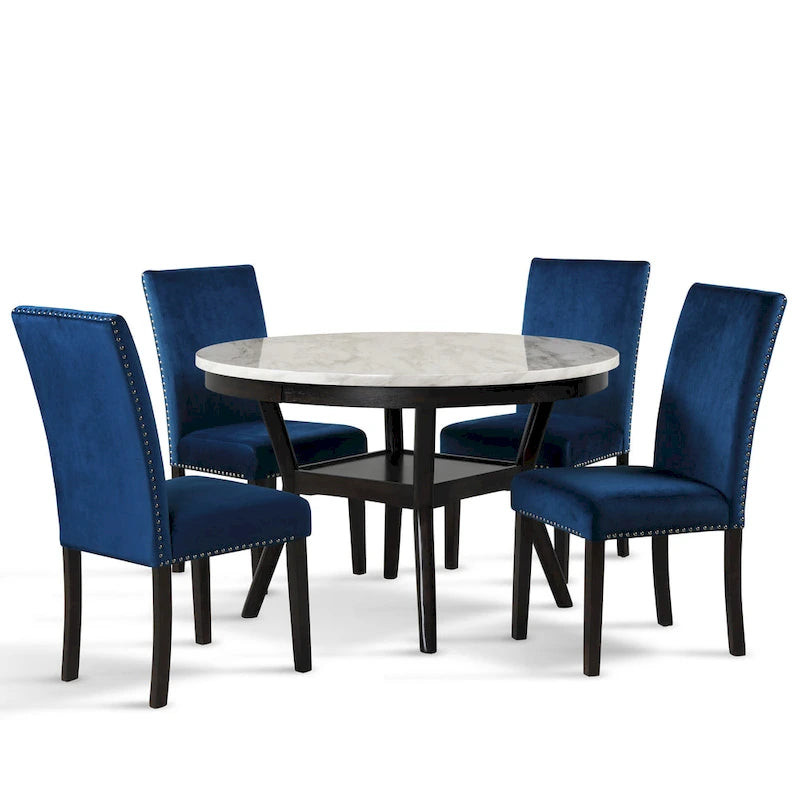 Round Dining Table with Faux Marble Top and Lower Shelf