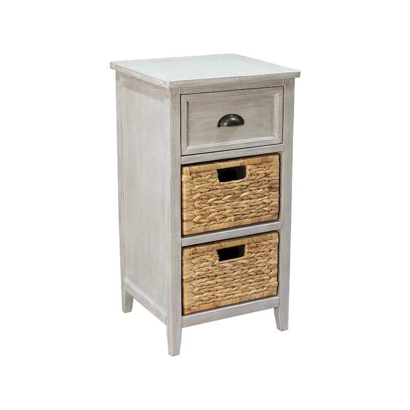 Solid Wood & Water Hyacinth 1-Drawer Grey Accent Cabinet
