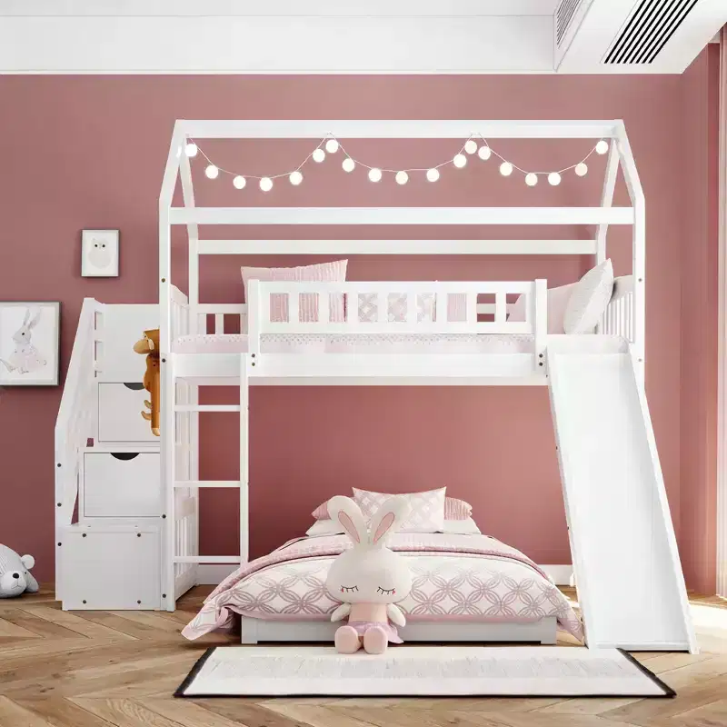 L-shaped Bunk Bed With Storage Staircases and Slide for Kids' Room