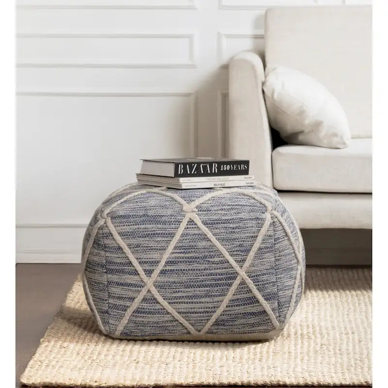 Handwoven Round Pouf Ottoman with Diamond Pattern �C Cotton & Wool Blend