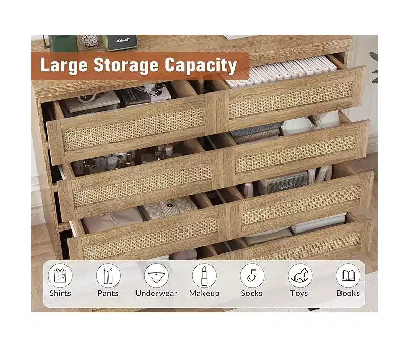 8-Drawer Rattan Dresser with Wide Tabletop