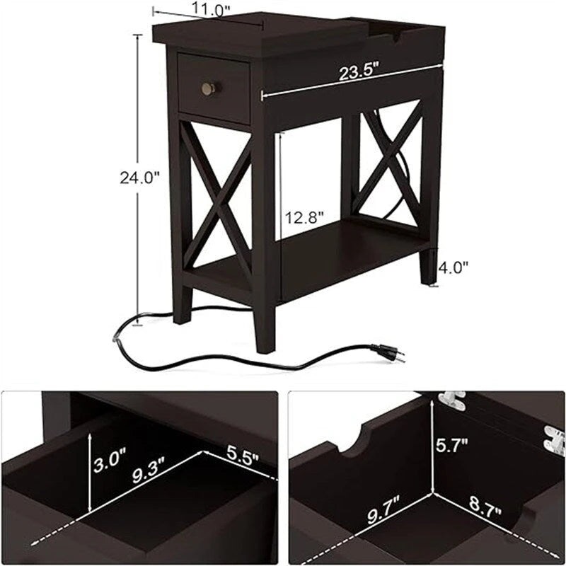 Narrow End Table with Flip Top Drawer and Charging Station