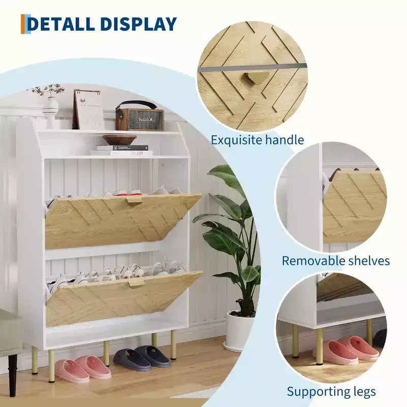 Shoe Cabinet, Entryway Cabinet  45H 2-Flip Drawer Wood Cabinet White+Wood Hidden Storage 31.1W x 9.1D
