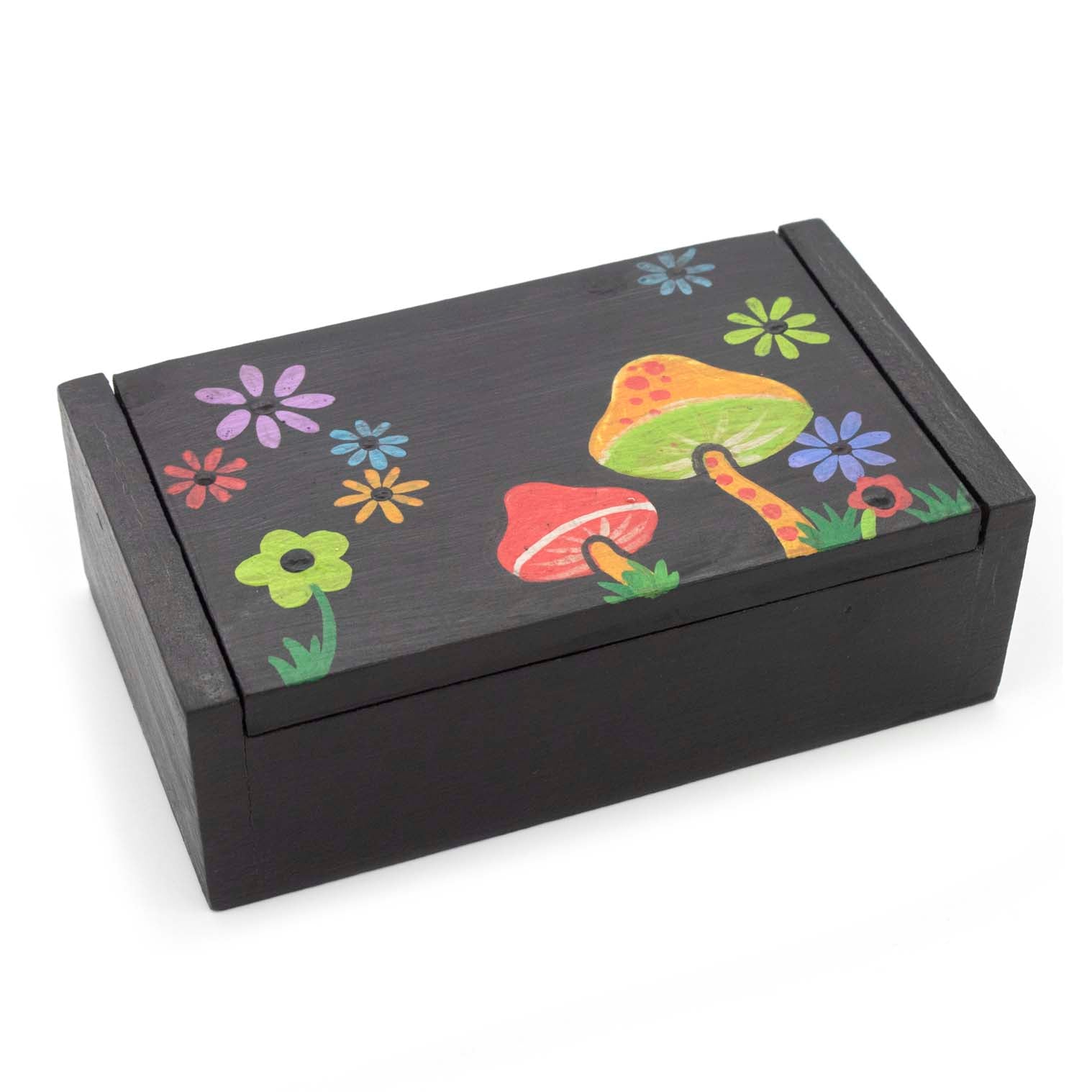 Black Wood Box with Mushroom and Flower Painting