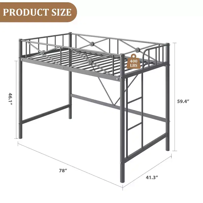 Acekool Twin Metal Loft Bed Frame with Guard Rails, Heavy Duty Steel Loft Bed for Kids or Teens, Space Saving Design with Under Bed Area
