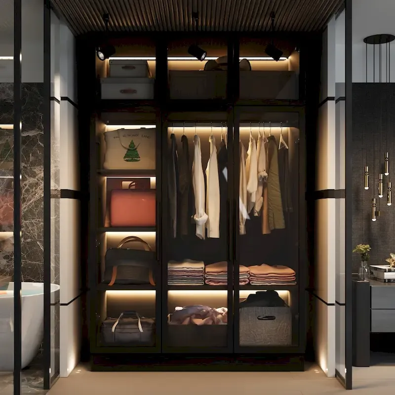 47.2 Wide Armoire LED Light All Glass Door Closet Cabinet Wardrobe