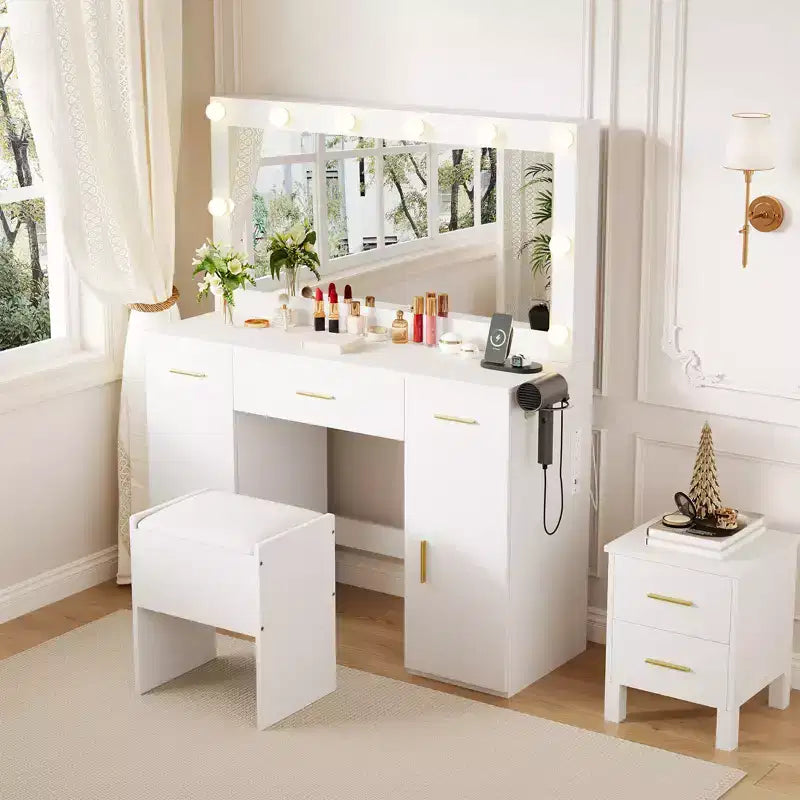 Vanity Desk Set with Large Lighted Mirror, 3 Drawers & 2 Cabinets, Built-in Hair Dryer Rack Storage Stool, Dressing Table for Bedroom