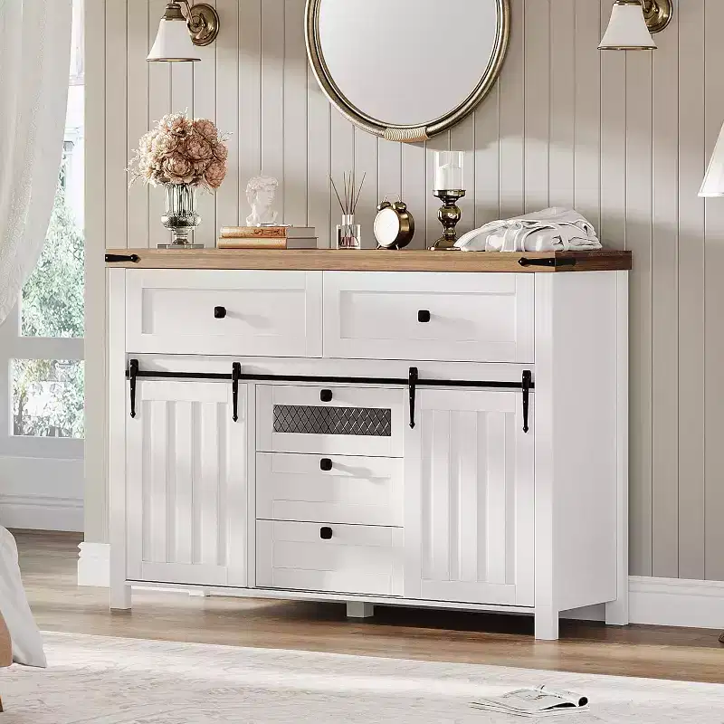 Farmhouse Buffet Cabinet, with 5 Drawers and Sliding Barn Doors, Wood Coffee Bar Table with Adjustable Shelf for Living Room, Dining Room