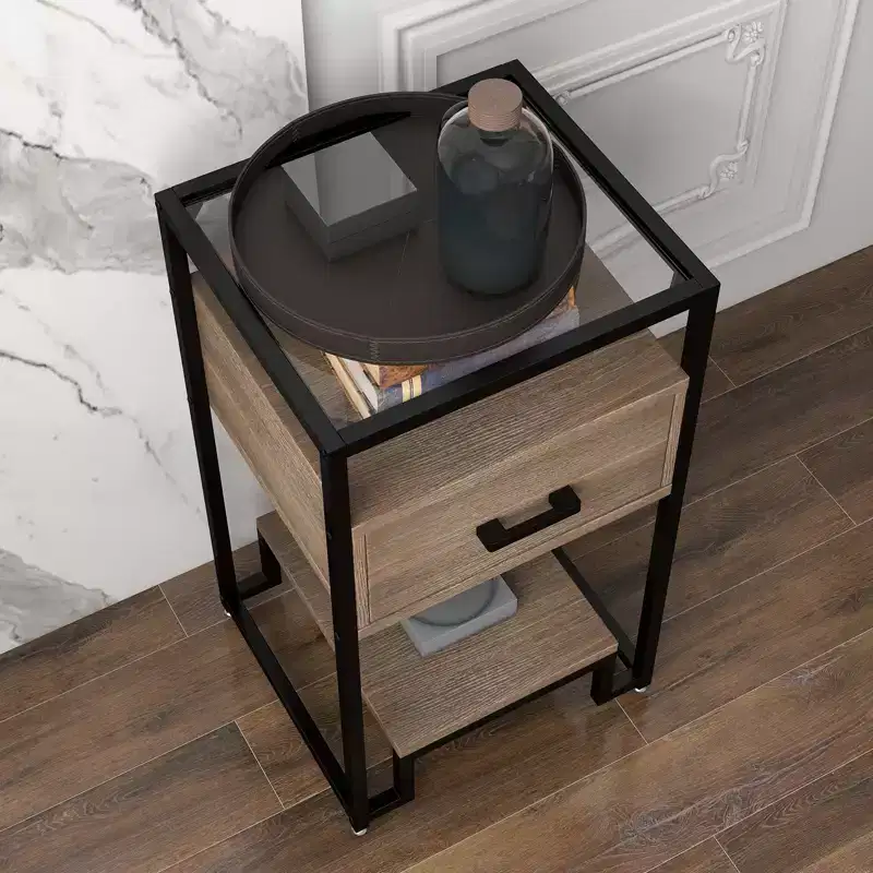 COZONY Nightstand End Table with Tempered Glass Top, Wood Drawer, Adjustable Legs, Bedside Table for Bedroom Living Room