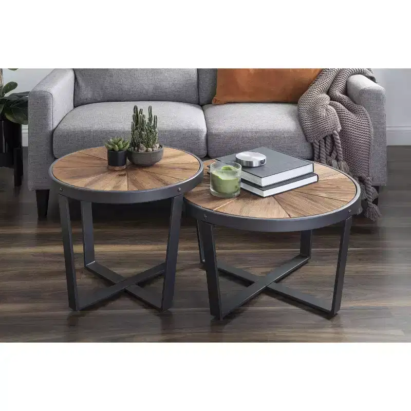 Kate and Laurel Gerhardt Round Metal Coffee Table, 24x24x15.5, Rustic Brown and Black